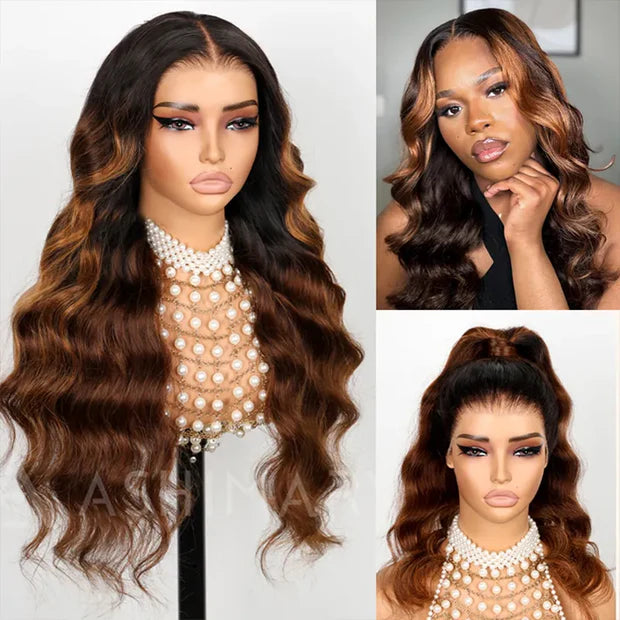 360 HD/Transparent Lace Front Black Ombre Brown Highlight Color Wig with Transparent Drawstring - Body Wave