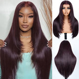 5x5/13x6 Transparent Lace Front Preplucked Dark Plum Color Wig - Layered Cut Straight