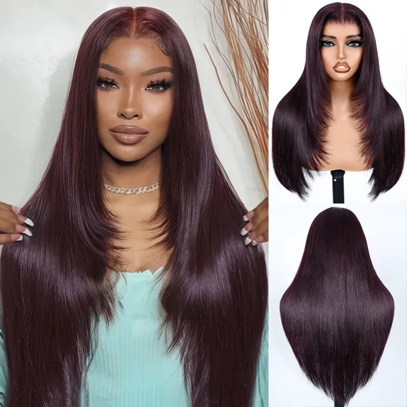 5x5/13x6 Transparent Lace Front Preplucked Dark Plum Color Wig - Layered Cut Straight
