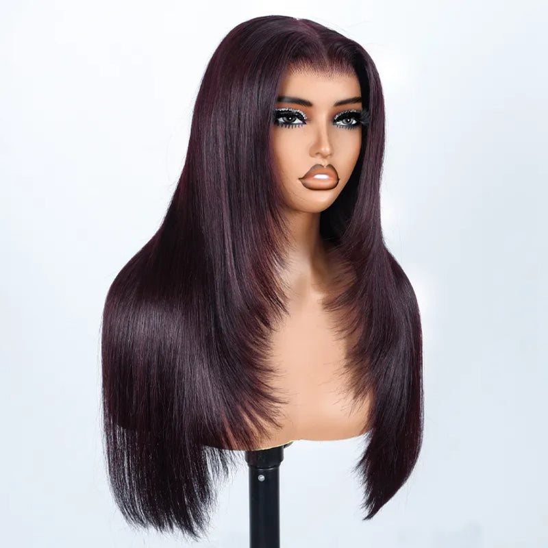 5x5/13x6 Transparent Lace Front Preplucked Dark Plum Color Wig - Layered Cut Straight