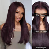 5x5/13x6 Transparent Lace Front Preplucked Dark Plum Color Wig - Layered Cut Straight
