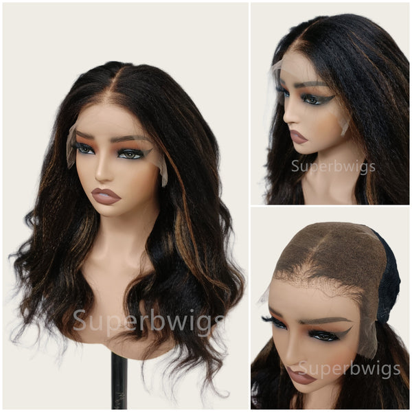 9x6 HD Swiss Lace Upgraded Hairline C-shape Ear Glueless Wig with Drawstring - Kinky Wave