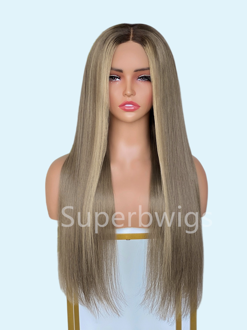 【LUX HAIR】5x5/13x4 HD Swiss Lace Pre-plucked Ash Blonde Ombre Color 180% Human Hair Wig - Straight