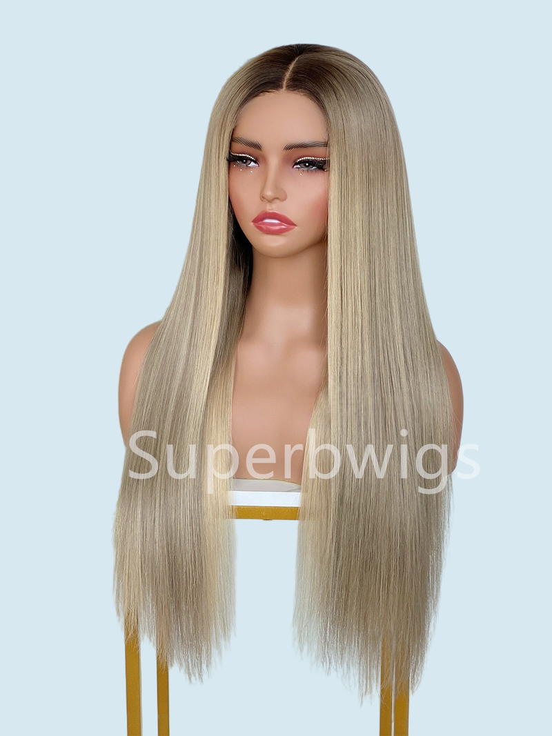 【LUX HAIR】5x5/13x4 HD Swiss Lace Pre-plucked Ash Blonde Ombre Highlight Color 180% Human Hair Wig - Straight