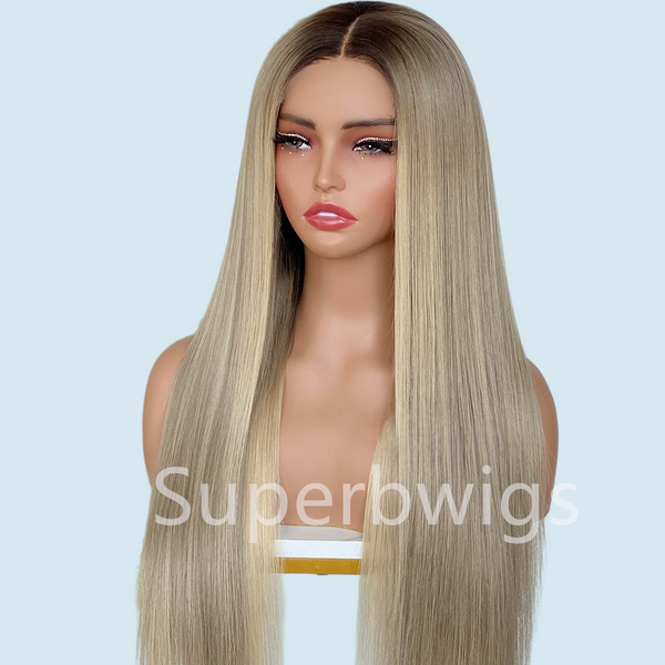 【LUX HAIR】5x5/13x4 HD Swiss Lace Pre-plucked Ash Blonde Ombre Highlight Color 180% Human Hair Wig - Straight