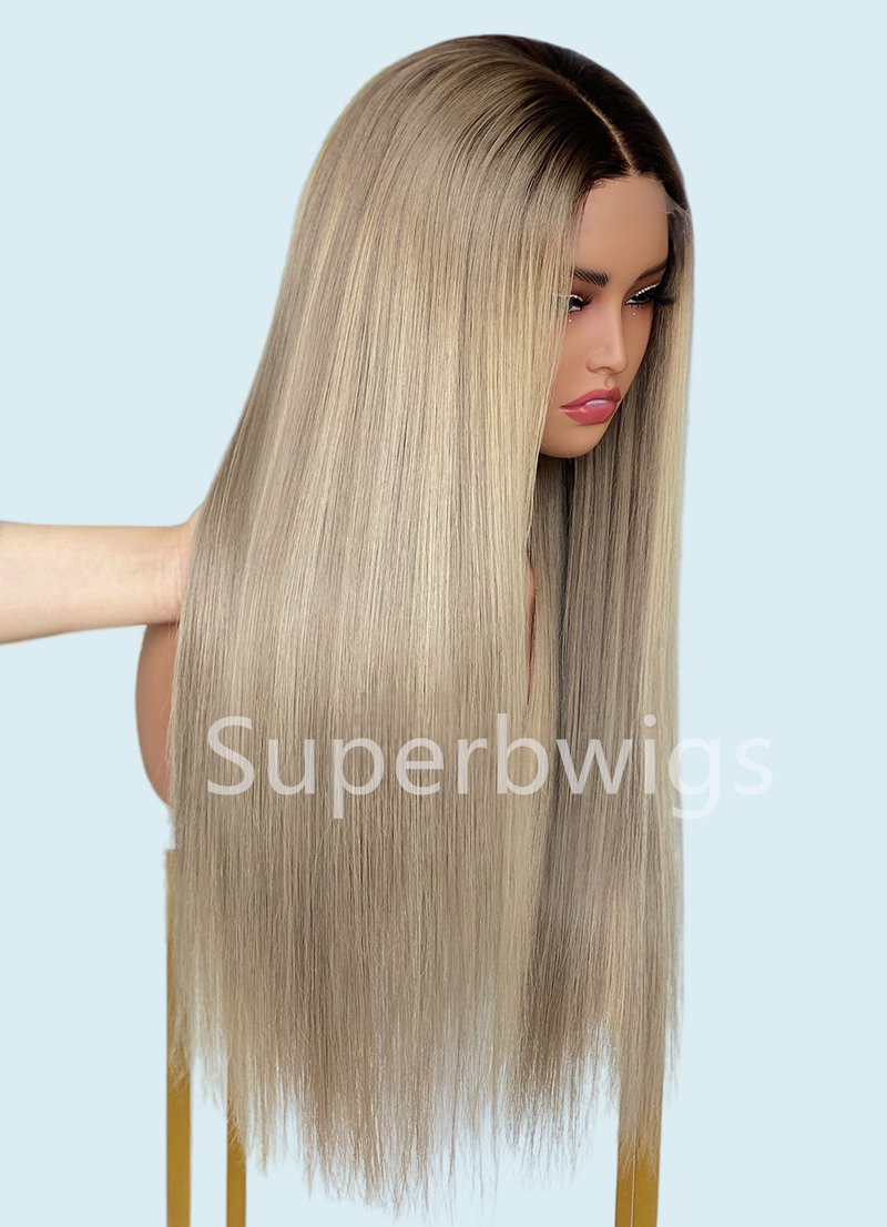 【LUX HAIR】5x5/13x4 HD Swiss Lace Pre-plucked Ash Blonde Ombre Highlight Color 180% Human Hair Wig - Straight