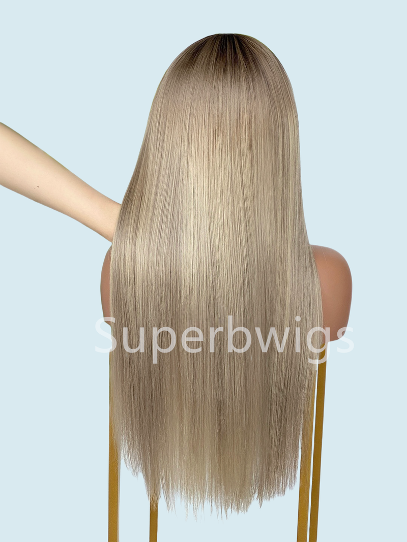 【LUX HAIR】5x5/13x4 HD Swiss Lace Pre-plucked Ash Blonde Ombre Highlight Color 180% Human Hair Wig - Straight