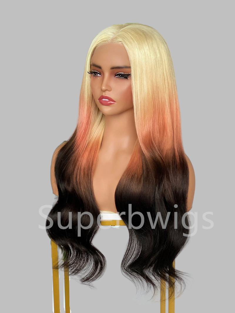 【LUX HAIR】5x5/13x4 HD Swiss Lace Pre-plucked Ombre Blonde Red Black Color 180% Human Hair Wig - Wavy