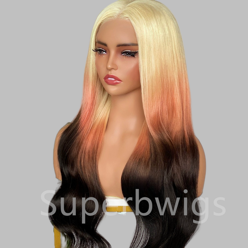 【LUX HAIR】5x5/13x4 HD Swiss Lace Pre-plucked Ombre Blonde Red Black Color 180% Human Hair Wig - Wavy