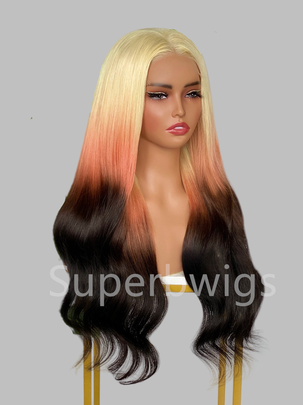 【LUX HAIR】5x5/13x4 HD Swiss Lace Pre-plucked Ombre Blonde Red Black Color 180% Human Hair Wig - Wavy