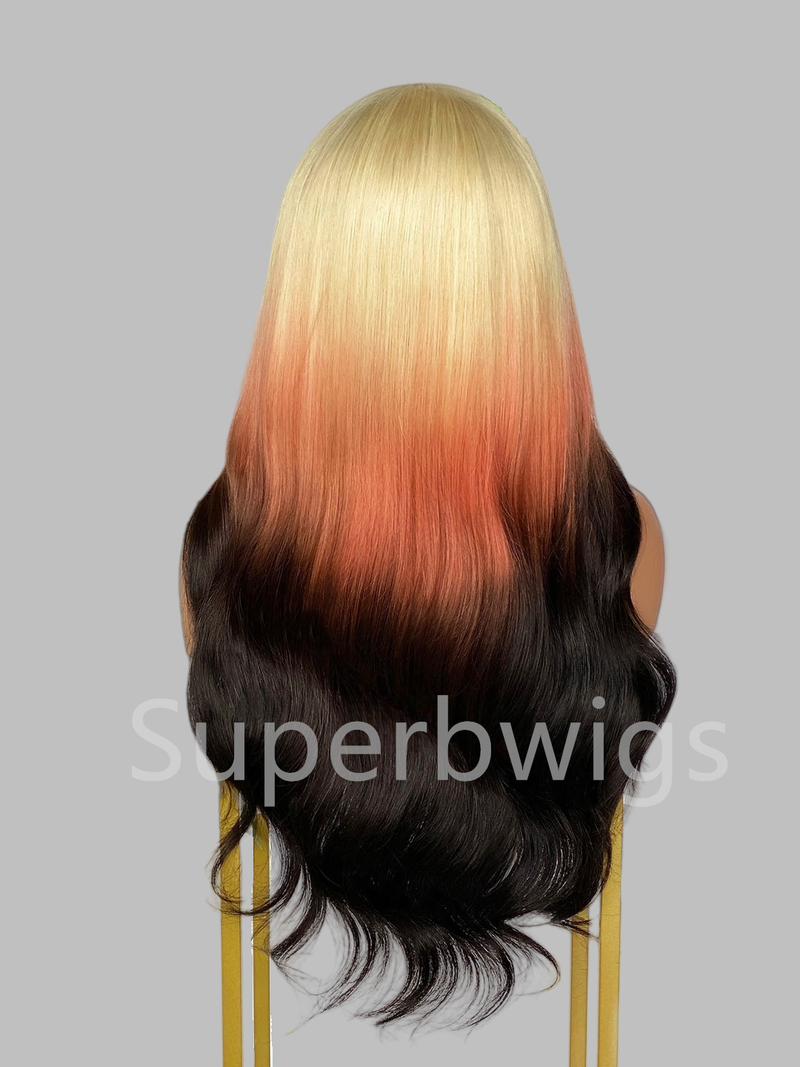 【LUX HAIR】5x5/13x4 HD Swiss Lace Pre-plucked Ombre Blonde Red Black Color 180% Human Hair Wig - Wavy