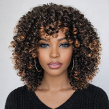 Full Machine Made Human Hair Brown and Highlight Color Wig - Curly with Bang