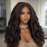 "3D DOME CAP" 9x6 HD Lace Upgraded Hairline C-shape Ear Glueless Brown Color Wig with Drawstring - Yaki Wave