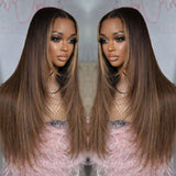 HD Lace 13x6 Fitted Cap Ear Tap Highlight Color Layered Cut Wig - Straight