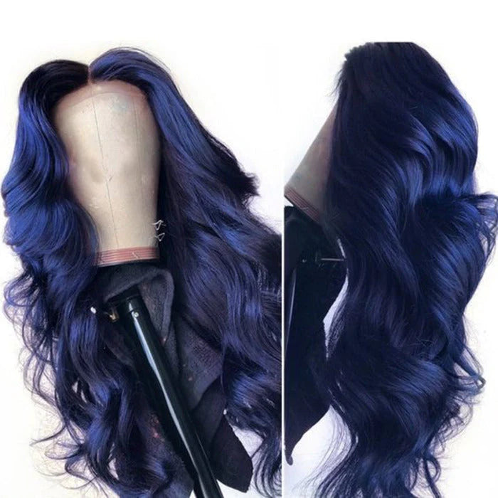 13x4/13x6 Transparent Lace Pre-plucked Hairline 150%180% Dark Blue Color Wig - Body Wave with Curtain Bang