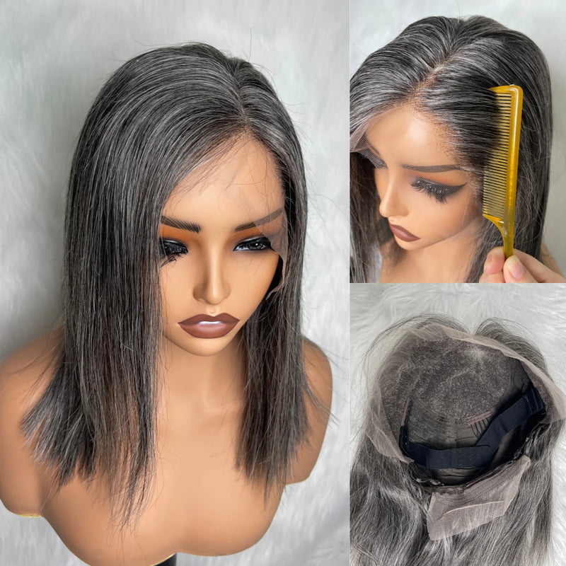 5x5/13x4 Transparent Lace Front Pre-plucked Salt and Pepper Gray Color Wig - Straight