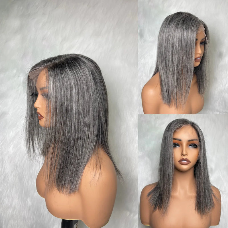 5x5/13x4 Transparent Lace Front Pre-plucked Salt and Pepper Gray Color Wig - Straight