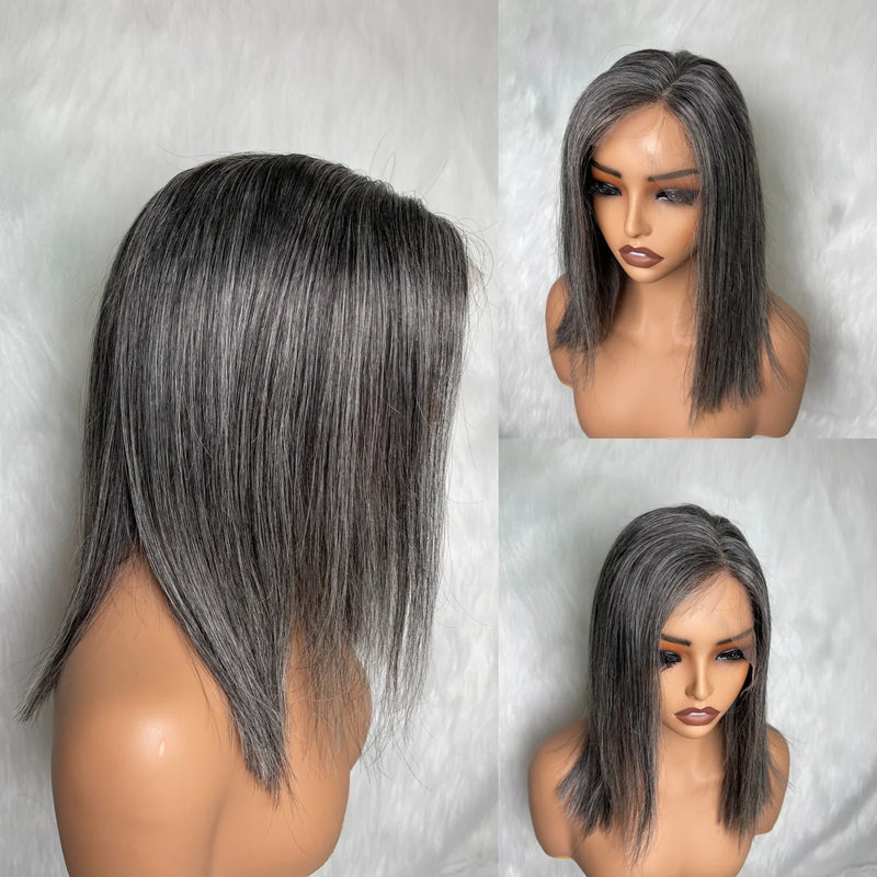 5x5/13x4 Transparent Lace Front Pre-plucked Salt and Pepper Gray Color Wig - Straight