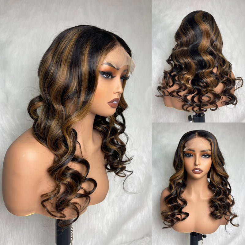 【Solo-Piece】4x4 Transparent Lace Preplucked 20inch 250% Highlight Color Wig - Body Wave Wavy