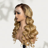360 Transparent Lace Preplucked Hairline Brown Root Ombre Blonde Color Wig - Body Wave Wavy