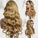 360 Transparent Lace Preplucked Hairline Brown Root Ombre Blonde Color Wig - Body Wave Wavy