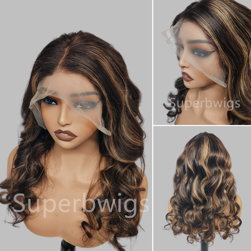 13x4 Transparent Lace Front Highlight Honey Blonde Color Wig - Wavy