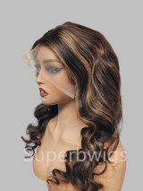 13x4 Transparent Lace Front Highlight Honey Blonde Color Wig - Wavy