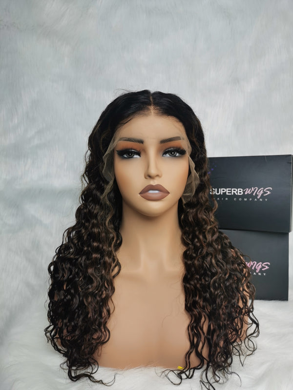 9x6 HD Swiss Lace Upgraded Hairline C-shape Ear Glueless Ombre Highlight Color Wig with Drawstring - Water Wave