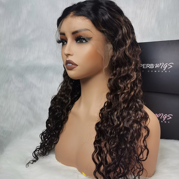 9x6 HD Swiss Lace Upgraded Hairline C-shape Ear Glueless Ombre Highlight Color Wig with Drawstring - Water Wave