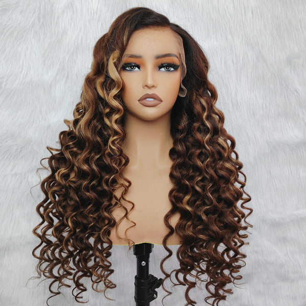 360 HD LACE FRONT Highlight Color WIG WITH Invisible Strap - Kinky Loose Wander Curl
