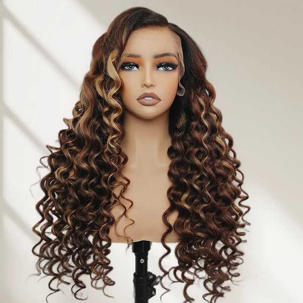 360 HD LACE FRONT Highlight Color WIG WITH Invisible Strap - Kinky Loose Wander Curl