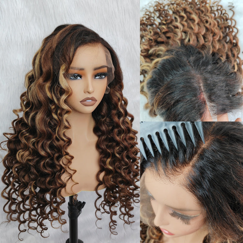 360 HD LACE FRONT Highlight Color WIG WITH Invisible Strap - Kinky Loose Wander Curl