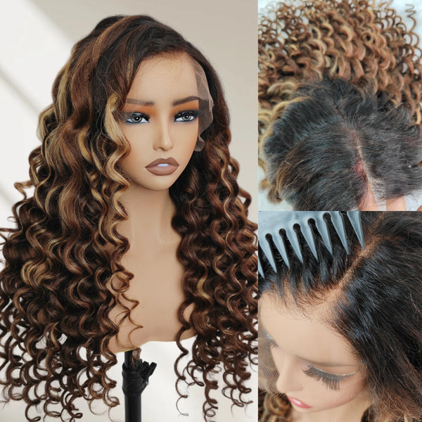 360 HD LACE FRONT Highlight Color WIG WITH Invisible Strap - Kinky Loose Wander Curl