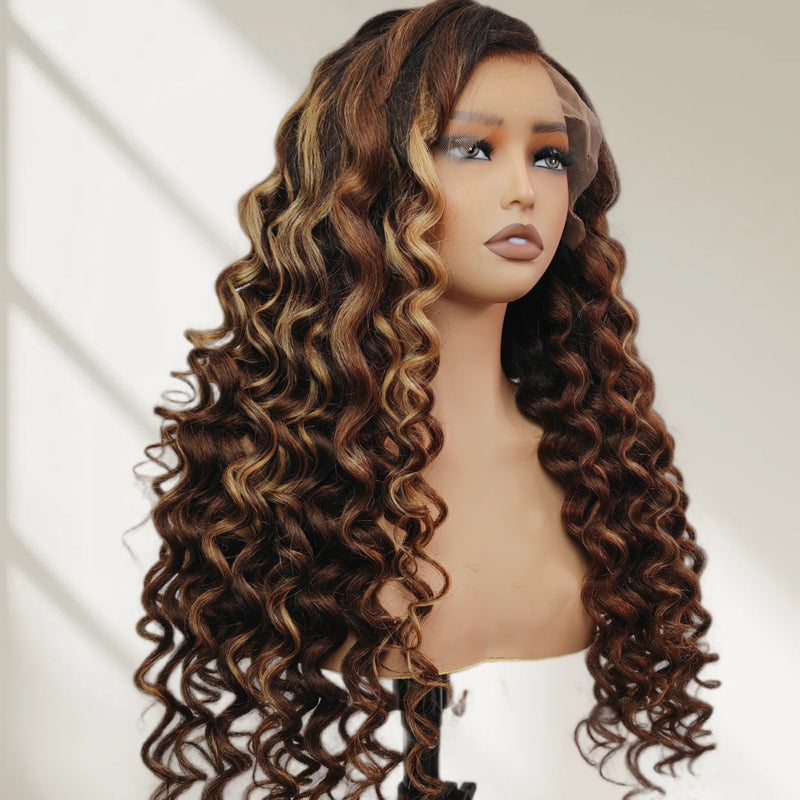 360 HD LACE FRONT Highlight Color WIG WITH Invisible Strap - Kinky Loose Wander Curl