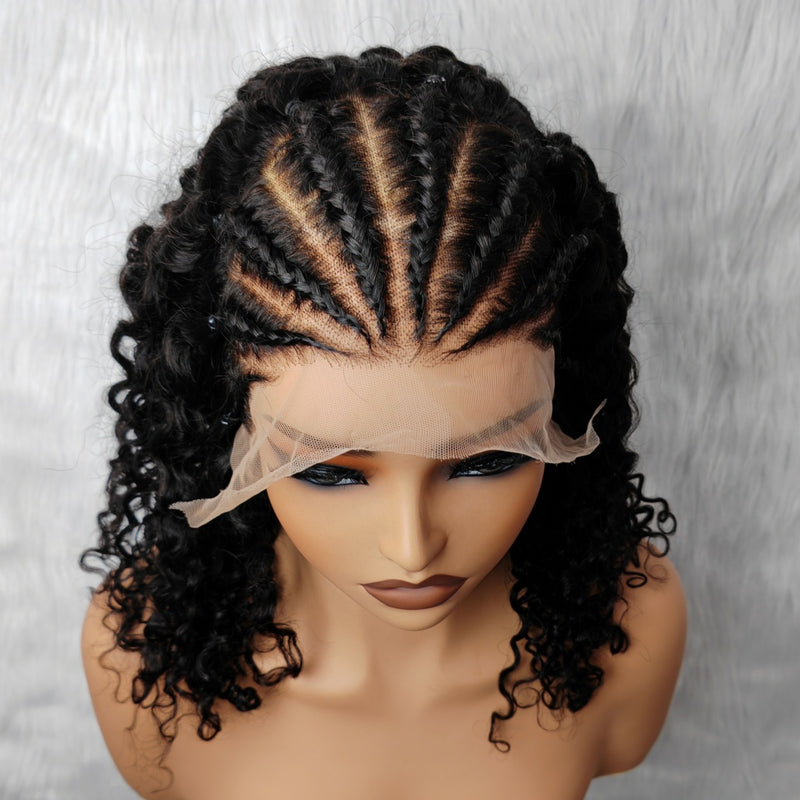 9x6 Transparent Lace Braided Human Hair Wig - Curly/ Water Wave