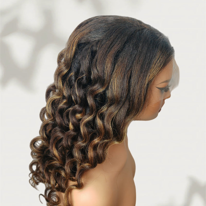 Bye~Bye~KNOTS HD Lace 13x6 Fitted Cap Ear Tap Highlight Color Wig - Kinky Loose Wavy