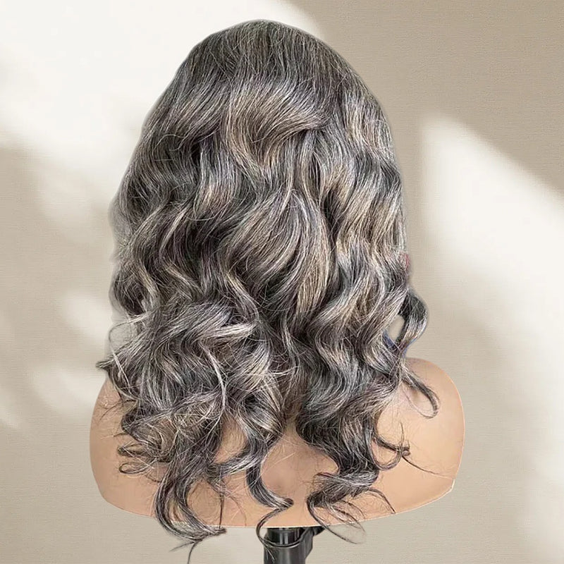 5x5/13x4 Transparent Lace Front Pre-plucked Salt and Pepper Gray Color Wig - Body Wave Wavy