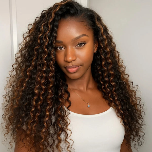 【3 IN 1 Half Wig】 Flip Over Half Wig with Drawcord Wear & Go Glueless Highlight Wig - Bouncy Deep Wave