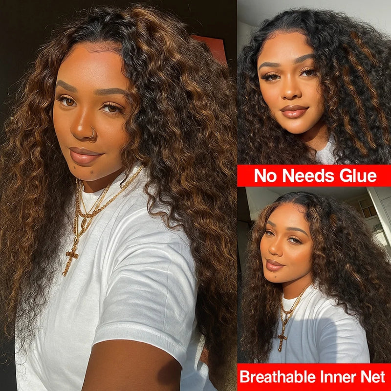 【3 IN 1 Half Wig】 Flip Over Half Wig with Drawcord Wear & Go Glueless Highlight Wig - Bouncy Deep Wave