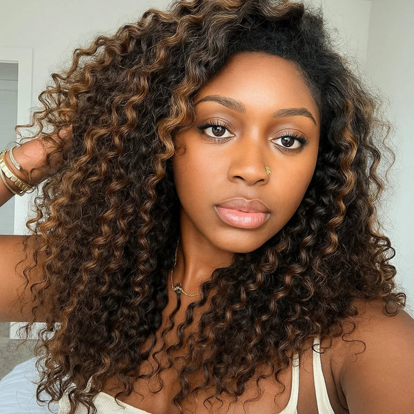 【3 IN 1 Half Wig】 Flip Over Half Wig with Drawcord Wear & Go Glueless Highlight Wig - Bouncy Deep Wave