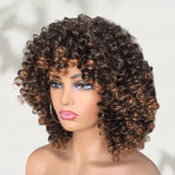 Full Machine Made Human Hair Brown and Highlight Color Wig - Curly with Bang