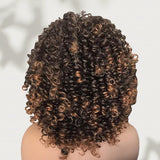 Full Machine Made Human Hair Brown and Highlight Color Wig - Curly with Bang