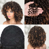 Full Machine Made Human Hair Brown and Highlight Color Wig - Curly with Bang