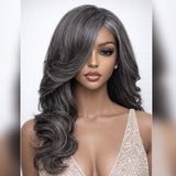5x5/13x4 Transparent Lace Front Pre-plucked Salt and Pepper Gray Color Wig - Layered Wavy