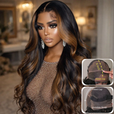 "370 Fitted Cap" HD LACE FRONT Highlight Color WIG WITH Invisible Strap - Body Wavy