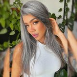 13x6 Transparent Lace Front Pre-plucked Salt and Pepper Gray Color Wig - Straight