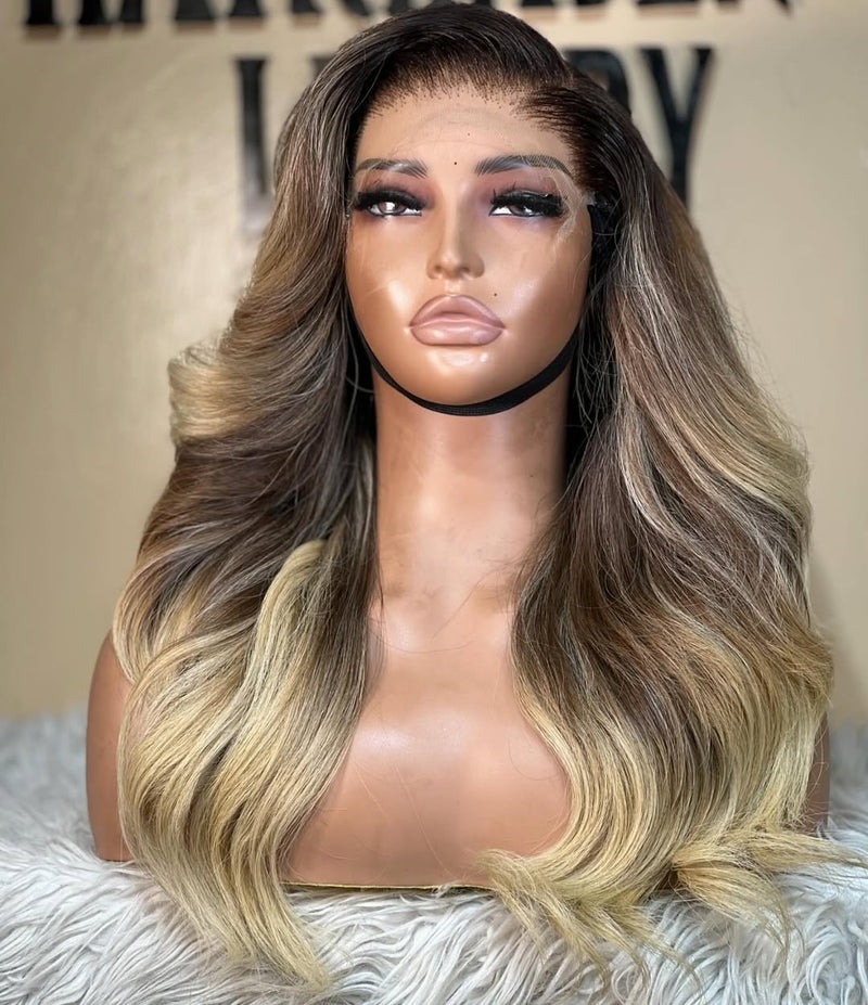 13x4/13x6 Transparent Lace Front Pre-plucked Hairline Ombre Highlight Color Human Hair Wig -  Body Wave Wavy