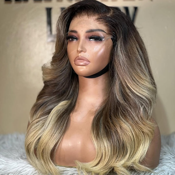 13x4/13x6 Transparent Lace Front Pre-plucked Hairline Ombre Highlight Color Human Hair Wig -  Body Wave Wavy