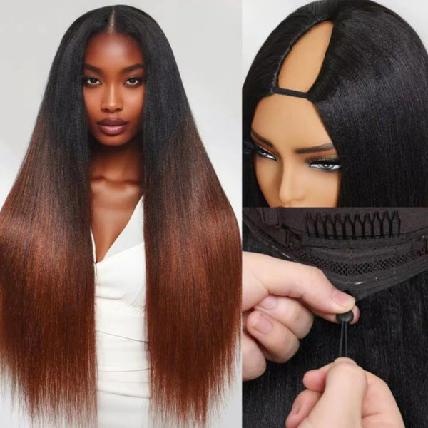 Upgraded EasiContour V-Part Glueless Reddish Brown Ombre Color Wig With New Drawcord - Light Yaki Straight