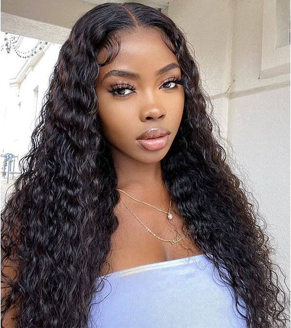 WHOLE LACE NO MESH TRANSPARENT LACE HUMAN HAIR WIG WITH TRANSPARENT DRAWSTRING - WATER WAVE